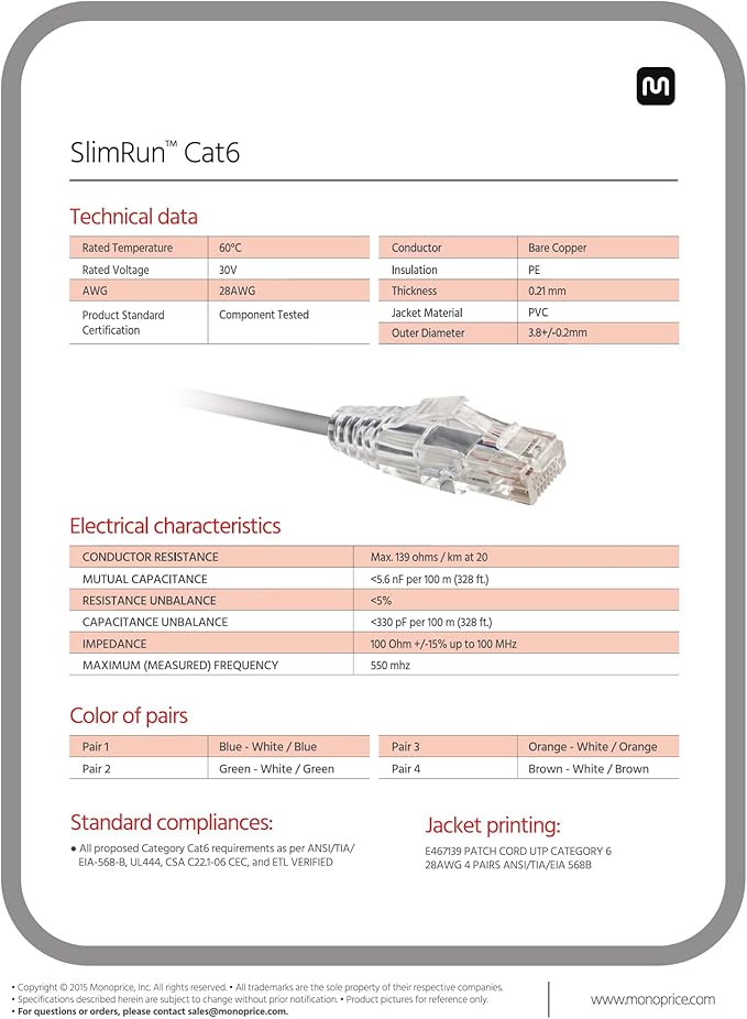 Monoprice Cat6 2ft Gray Component Level Patch Cable UTP 28AWG 550MHz Pure Bare - Image 7