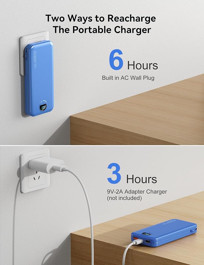 10000mAh Ultra-Portable-Charger-Power-Bank with Built in Cables&AC Wall Plug, PD20W USB-C Fast Charging Cell Phone Charger Battery Pack,LED Display Travel Battery Bank for All iPhone,Samsung,Android - Image 7