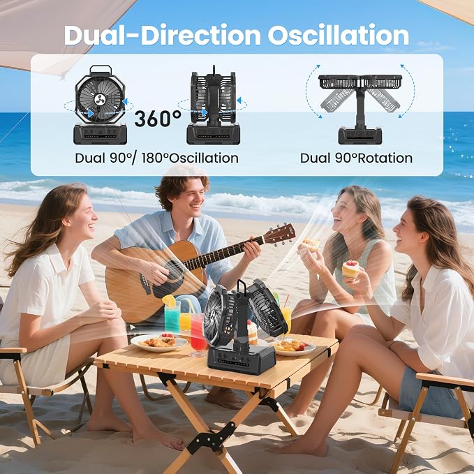 Dual Head Portable Rechargeable Fan 20000mAh Battery Powered Fan Camping Cordless with 360° Air Delivery, LED Lantern & Remote, Auto Oscillation, Battery Operated for Tent Office Travel Picnic Jobsite - Image 5
