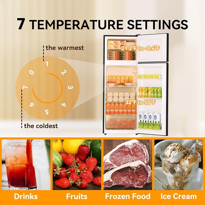7.4 Cu.Ft. Refrigerator with Freezer, 2 Door Top Freezer Apartment Size Fridge, 25.0" W x 24.6" D x 60.7" H Compact Fridge with Adjustable Thermostat, 37dB Quiet for Office, Dorm, Home - Image 3