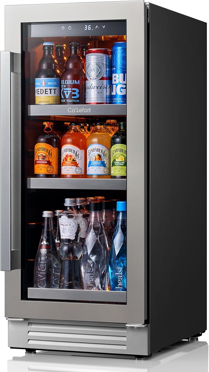 Ca'Lefort 15 Inch Beverage Refrigerator Cooler - 100 Can Mini Fridge with Glass Door for Soda Beer or Wine, 3 LED Compressor Fridge for Home Office Bar with 3 Adjustable Removable Shelves(3.0 cu.ft) by CaLefort