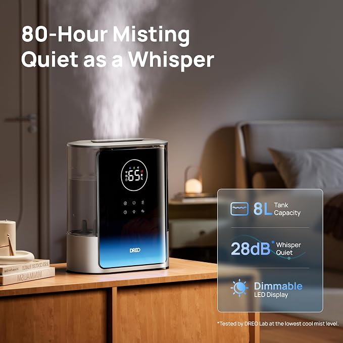 DREO 8L Smart Humidifier Large Room 600ft², HM717S, 80H Runtime Supersized Warm and Cool Mist Humidifiers for Bedroom Baby, 28dB Quiet Air Humidifier for Plants Indoor, Home, Whole House, Silver - Image 4