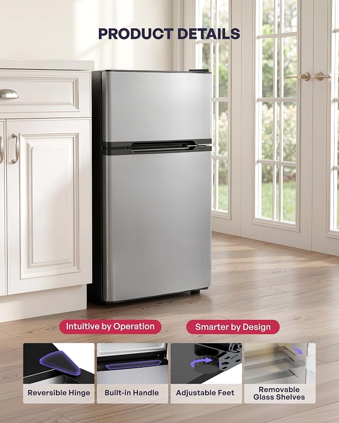 3.2 Cu.Ft Mini Fridge with Freezer, 2 Door Small Refrigerator with Adjustable Thermostat & Removable Glass Shelves, Mini Refrigerator for Dorm Office Kitchen, Silver - Image 4