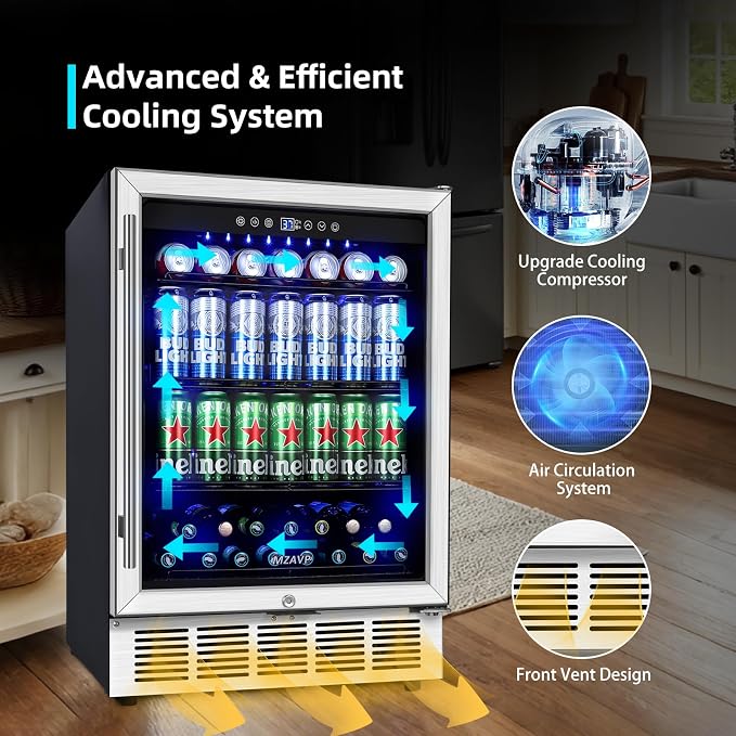 24 Inch Beverage Refrigerator, 180 Cans Built-in Beverage Cooler with Glass Door, Under Counter or Freestanding Drink Fridge with LED Light & Adjustable Shelves For Home Bar Office - Silver - Image 4