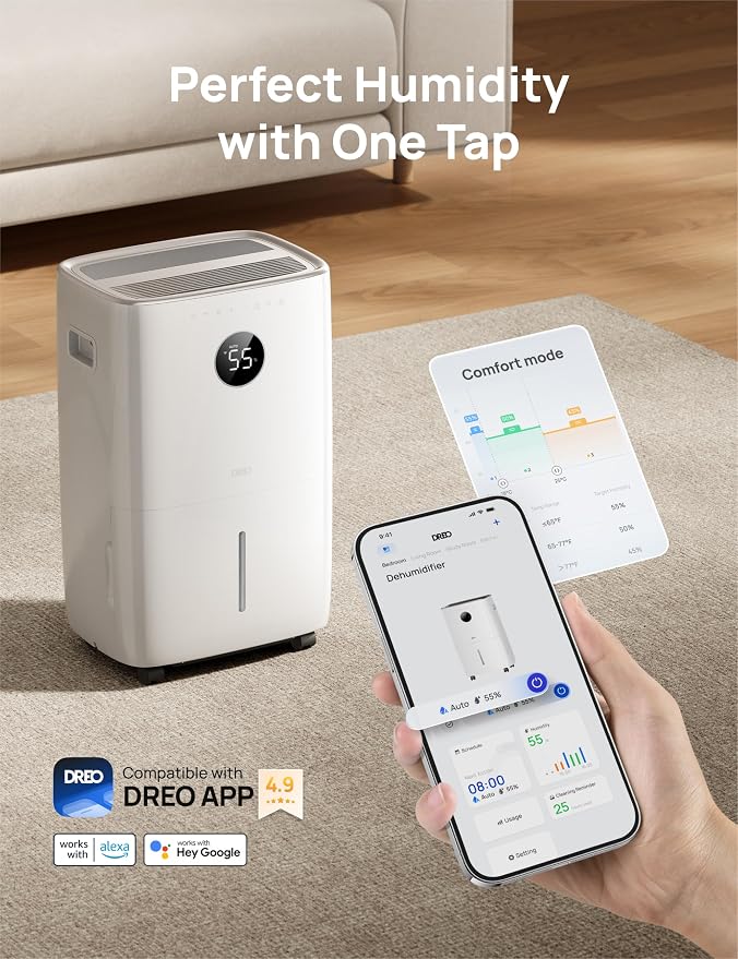 DREO 110-Pint Smart Dehumidifier for Basement, 4500 Ft² for Large Room, 2 Gallon Water Tank, Auto/Comfort/Constant Mode Dehumidifiers for Home, Bedroom, Bathroom, with Drain Hose, Starlight, 711S - Image 6