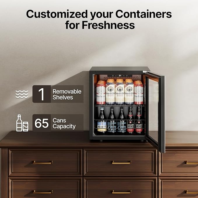 Ca'Lefort 65 Cans Mini Fridge, Beverage Refrigerator Cooler for Drink, Beer | 1.62 Cu.ft, Low-noise, Reversible Glass Door, 3-Color LED Lighting, Adjustable Shelves, 34℉ to 54℉ - Image 5