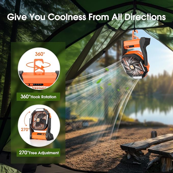 Portable Rechargeable Fan, 20000mAh Cordless Battery Powered Camping Fans with SOS & LED Lantern, Small USB C Operated Outdoor Tent Ventilador for Travel Camp Fishing Picnic Home Worksite Supplies - Image 4
