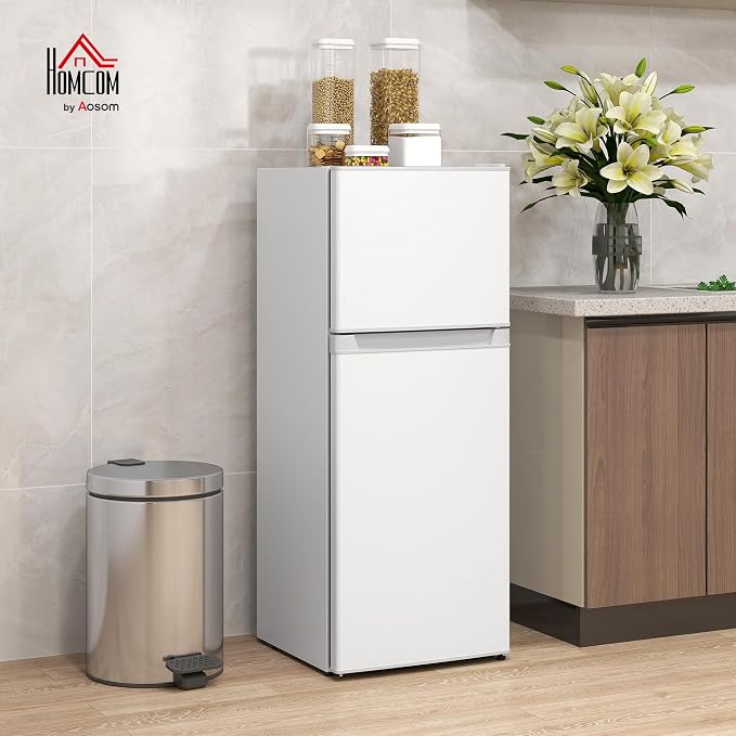 HOMCOM 4 Cu.Ft Mini Fridge with Freezer Double Reversible White | Compact Refrigerator, Adjustable Thermostat, Shelf, for Bedroom Dorm Home Office, Energy Efficient - Image 2