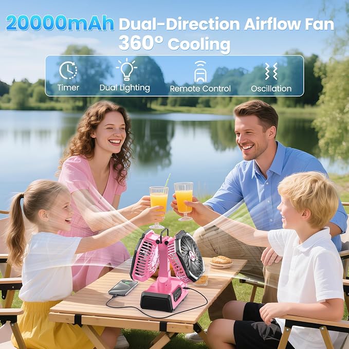 Dual Head Portable Rechargeable Fan 20000mAh Battery Powered Camping Fan Cordless with LED Lantern & Remote, Auto Oscillation, Hook, Battery Operated for Tent Office Travel Picnic Jobsite Orange - Image 2
