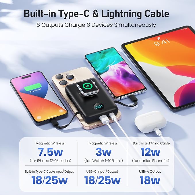 Magnetic Portable Charger for MagSafe with Built-in Cable, iWatch Charger,10800mAh Wireless Power Bank Travel Essentials,25W PD Fast Charging Battery Pack for iPhone 17/16/15/14/13 Series,Apple Watch - Image 3