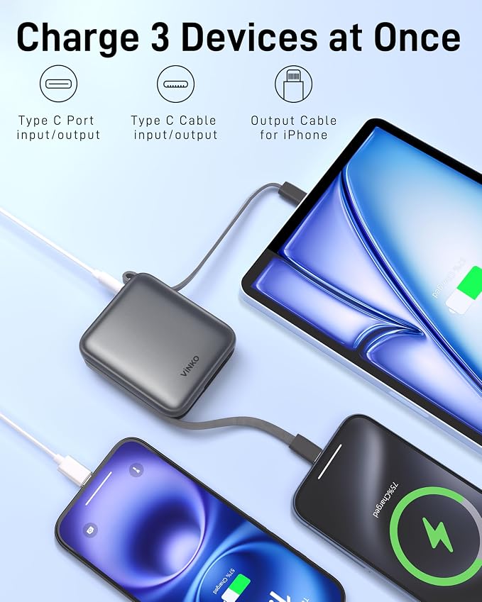 VINKO Small Portable Charger, 22.5W Fast Charging Mini Power Bank 10000mAh with Built-in Cables, Travel Essential USB-C Battery Pack Compatible with iPhone 17/16/15, Samsung S25/24, Android (Gray) - Image 5