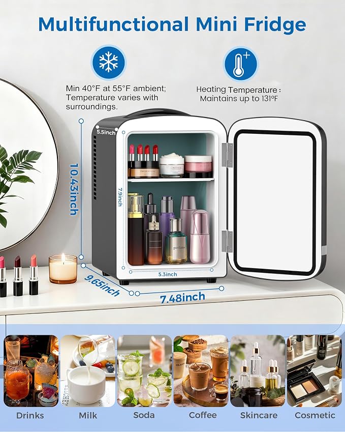 Electactic Mini Fridge for Skincare, 4L/6 Cans Portable Compact Cosmetic Fridge, Retro Desktop Fridge with AC/DC Adapters, Small Cooler and Warmer for Beverage, Makeup, Bedroom, Office, Kids, Black - Image 2
