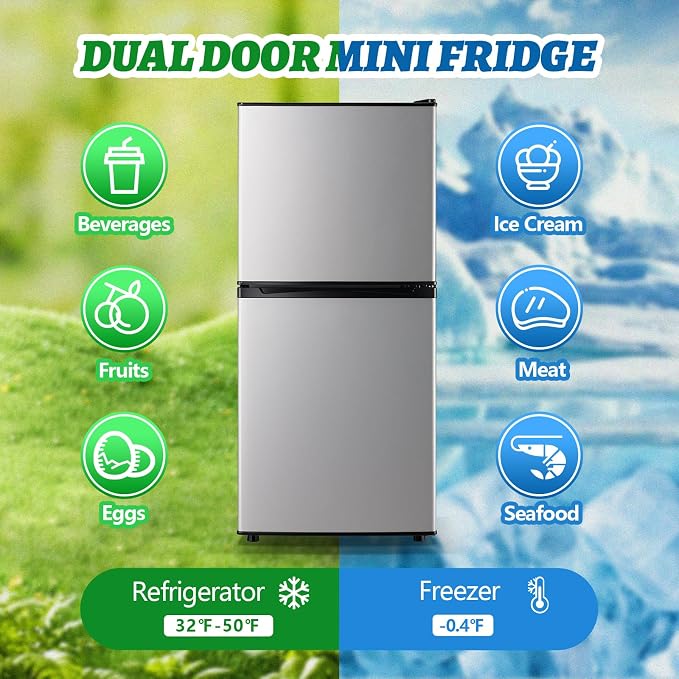 DEMULELR 3.9Cu.ft Refrigerator with Freezer Black Two Door Fridge with Crisper Drawer & Extra Drink Space, LED Light, Full-Size Fridge for Dorm Office 17.5"D x 17"W x 40"H，Silver - Image 2