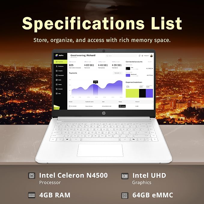 HP 14" HD Student Laptop, Intel Celeron N4500, 4GB DDR4 RAM, 64GB eMMC, Intel UHD Graphics, 720p HD Camera, Copilot, Fast Charge, Wi-Fi 6, Windows 11S, White (Renewed) - Image 2