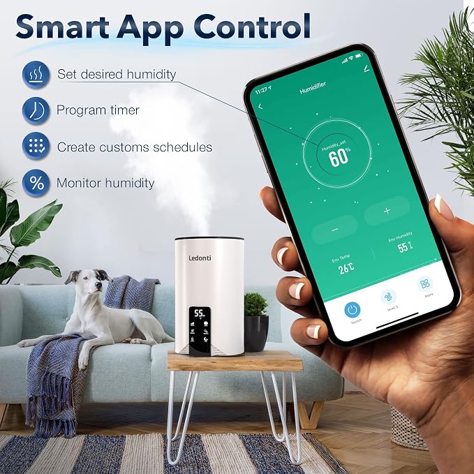 Humidifiers for Bedroom Smart Control - Dual Mist Cool & Warm Mist Humidifier 4L Big Capacity Top Fill Water Tank, Quie Humidifier, for Large Rooms Home Living Office Baby - Ultrasonic Humidifier - Image 6