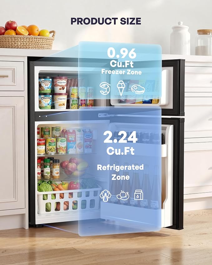 3.2 Cu.Ft Mini Fridge with Freezer, 2 Door Small Refrigerator with Adjustable Thermostat & Removable Glass Shelves, Mini Refrigerator for Dorm Office Kitchen, Black - Image 2