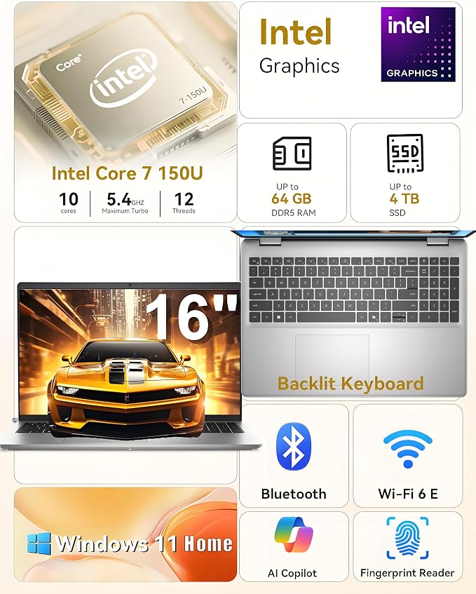 Dell 16 Touchscreen Laptop for Business & Home Student, Intel Core 7 150U Processor, AI Copilot+ PC, 16GB DDR5 RAM, 1TB PCIe SSD, WiFi 6E, Fingerprint, Backlit KB, Office 365, Windows 11 Home - Image 2