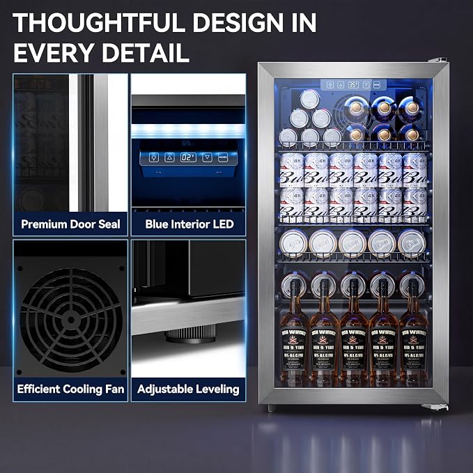 3.2 Cuft Beverage Fridge, 130 Can Mini Fridge With Glass Door, Silver | Adjustable Shelves for Wine & Beer, Digital Temp Display, Freestanding for Home & Office, Quiet Compressor Cooling - Image 7