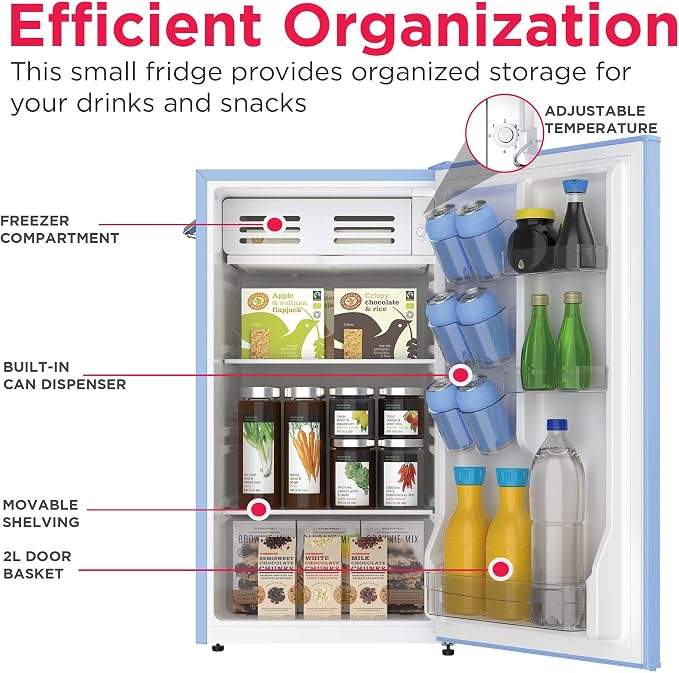 Frigidaire Retro Compact Fridge with Chiller, 3.2 cu ft Countertop Fridge with Built-In Bottle Opener, Compact Refrigerator for Office, Bedroom, Dorm Room or Cabin - 16.5" D x 19" W x 31" H (Blue) - Image 4