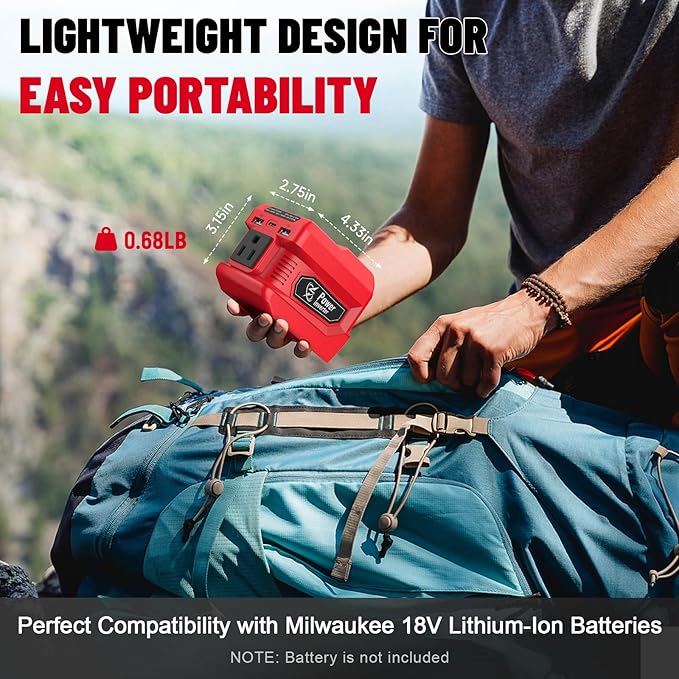 220W Azocek Power Inverter Compatible with Milwaukee 18V Battery, DC 18V to AC 110V Portable Power Station with 1 AC Outlet, 2 USB Ports & 1 Type-C Fast Charging, 400LM LED Work Light - Image 3
