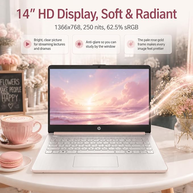 HP 14 Laptop for Students and Home Use, Intel Processor N150, 16GB RAM | 128GB UFS+256GB MSD, 14" HD Display, Wi-Fi 6, 1-Year Microsoft 365, Copilot AI Key, Lightweight, Pale Rose Gold, W/Mouse - Image 4