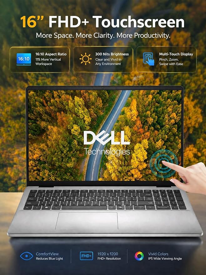 Dell 16 Touchscreen Laptop, Core 7 150U, 32GB DDR5 RAM 5200MT/s, 1TB SSD | 16:10 FHD+ 300nits WVA/IPS Display, Full-size Backlit Keyboard with Number Pad, Fingerprint Reader, Ai Copilot Key, Win11 Pro - Image 3