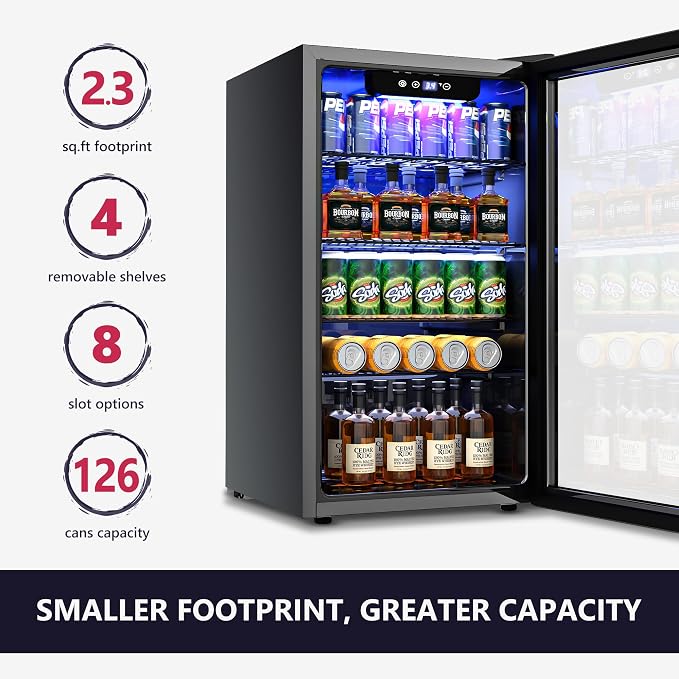 Beverage Refrigerator and Cooler, 126 Can Mini fridge with Glass Door, Beverage Cooler with Digital Temperature Display & Adjustable Shelves for Soda Beer or Wine, NEW Black, 3.2Cu.ft - Image 2