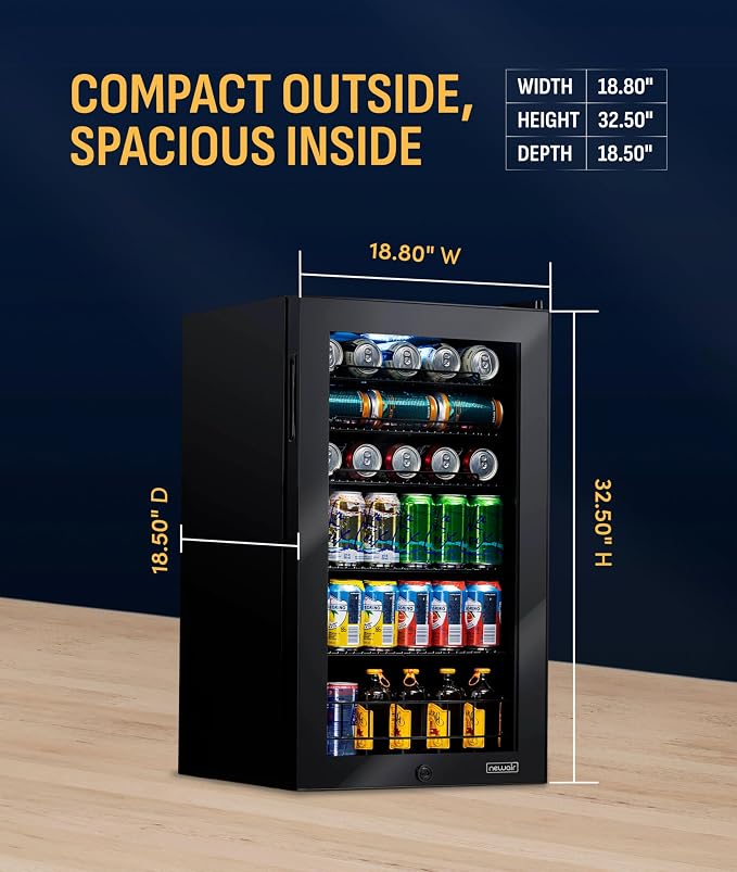 NewAir 126 Can Beverage Refrigerator | Freestanding Small Mini Fridge for Bedroom with Glass Door | Drink Cooler with Adjustable Shelves, Quiet Cooling & Locking Door | Black - Image 4