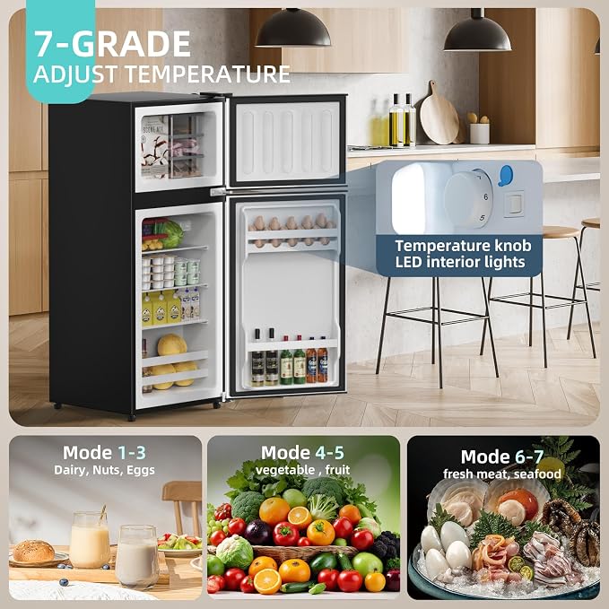 Cucina Magica Mini Fridge with Freezer, 3.8 Cu.Ft Small Fridge, Energy Saving, Low Noise,7 Adjustable Thermostat, Double Door Small Refrigerator for Dorm, Bedroom, Office - Image 2