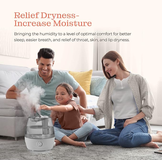Cool Mist Humidifier - 2.2L Water Tank, for Bedroom, Baby, Quiet Ultrasonic Air Vaporizer, Adjustable Mist Level, 360 Nozzle Rotation, Auto-Shut Off, Large Area Humidifiers Easy Fill and Clean (Grey) - Image 9