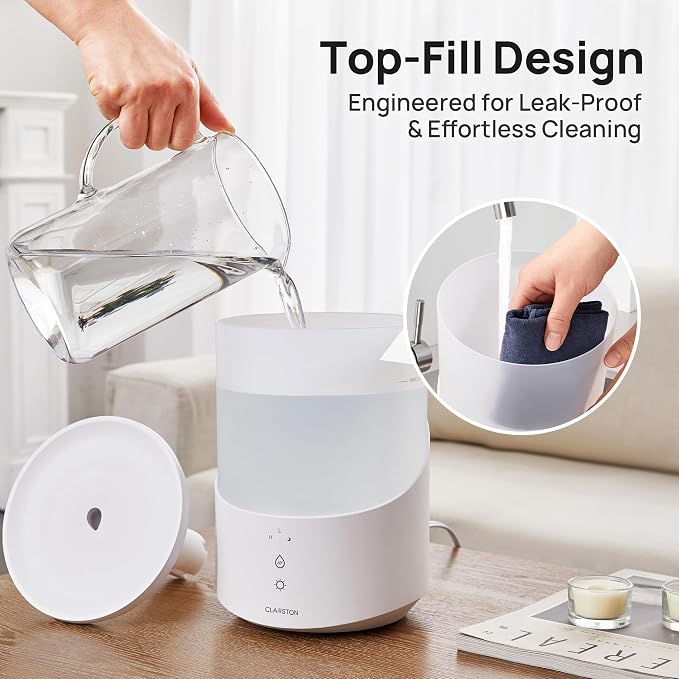 Clarston Humidifiers for Bedroom, 2.5L Cool Mist Humidifier with Essential Oils Diffuser and Nightlight, Top Fill Humidifiers for Home Large Room, Timer, Auto Shut-off, 25H Runtime - Image 2