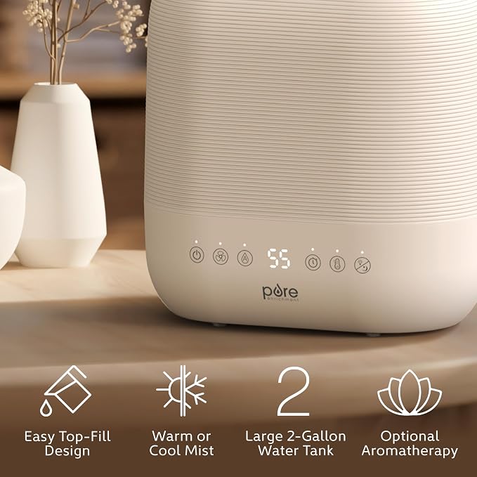 Pure Enrichment HUME Sense Warm & Cool Mist Top-Fill Humidifier, 2-Gal Tank, Up to 4.5 Days, Auto Humidity Sensor, 3 Mist Levels, Night Light, Aromatherapy, Sleep Mode & Auto Shut-Off - Image 3