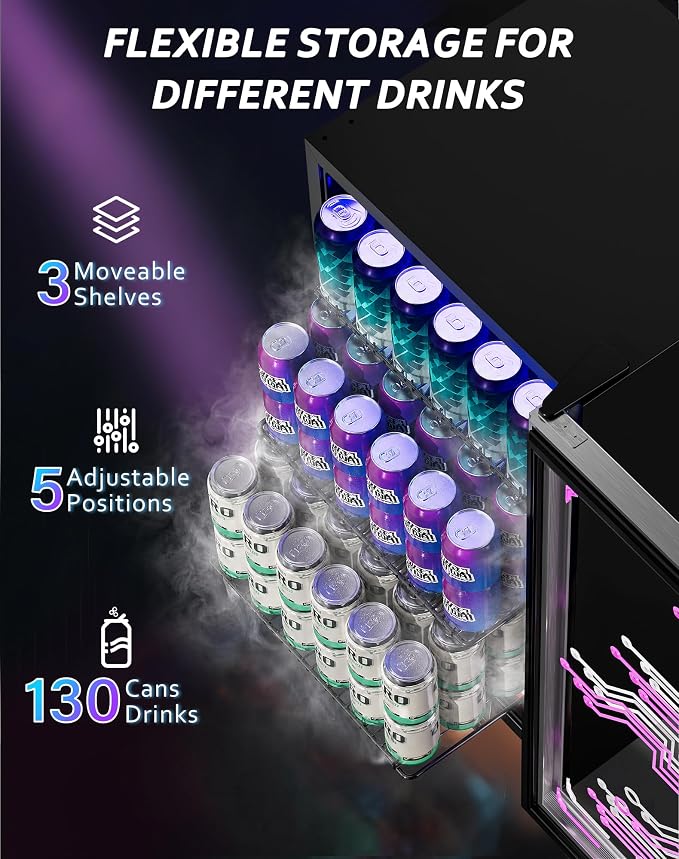 Tehanld 3.2 Cu.Ft Beverage Refrigerator, 130-Can LED Glass Door Fridge | 130 cans, 35-65°F digital temperature control, fan cooling, 3 movable shelves and an LED-lit display for home bars - Image 2