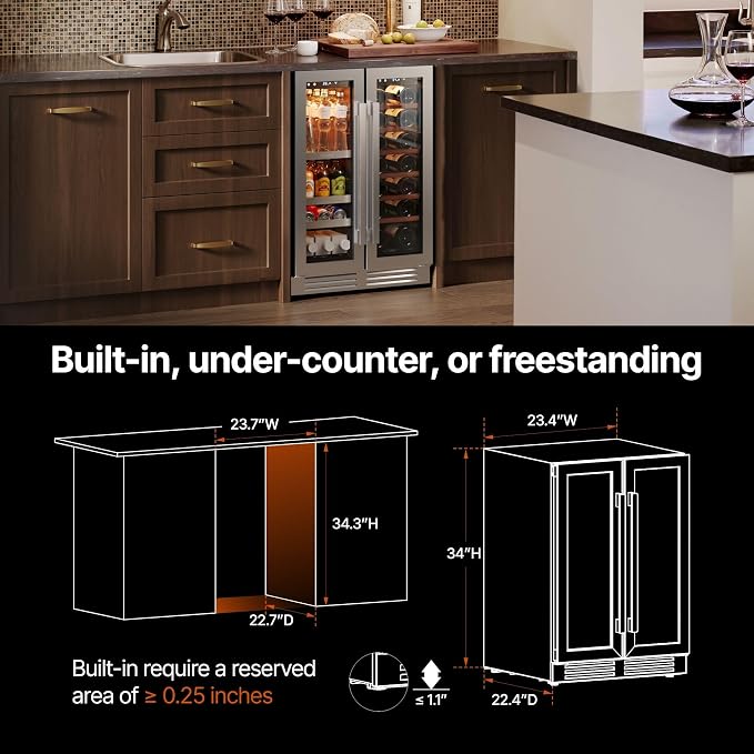 Ca'Lefort 24 Inch Wine & Beverage Refrigerator, 60 Can & 21 Bottle | 36-72°F Touch Control, Dual-Pane Glass Door, Adjustable Shelves, 3 Color LED, Built-In or Under Counter for Home Bar Kitchen - Image 4