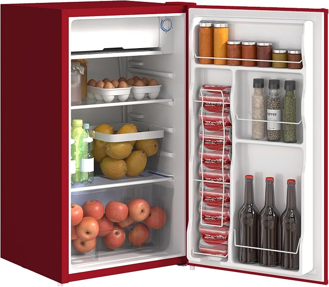 HOMCOM 3.2 Cu.Ft Mini Fridge with Freezer Single Reversible Door Red | Compact Refrigerator, Adjustable Thermostat, Shelf, for Bedroom Dorm Home Office, Energy Efficient by HOMCOM