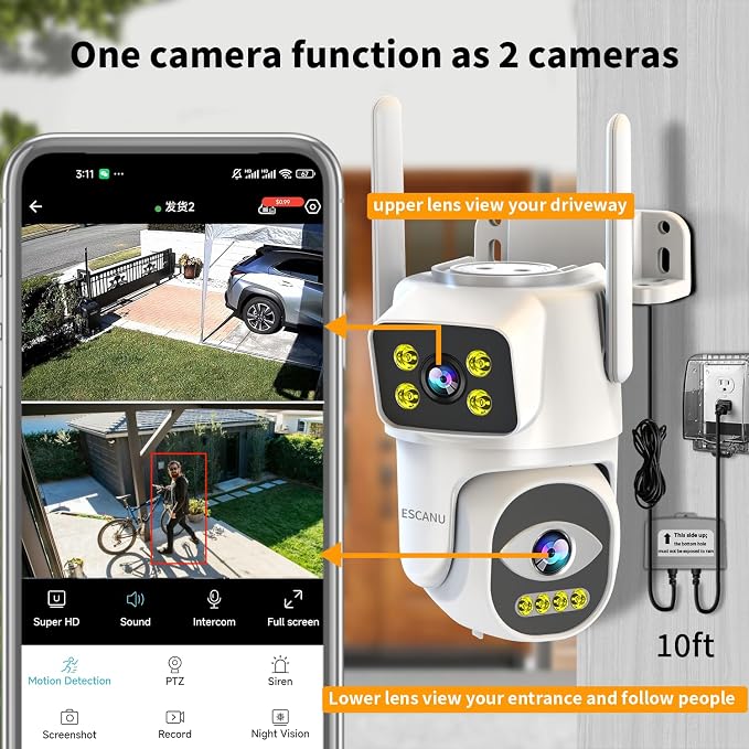 Dual Lens Cameras for Home Security, 2.4G/5G PTZ Outdoor Plug-in Camera - Image 2