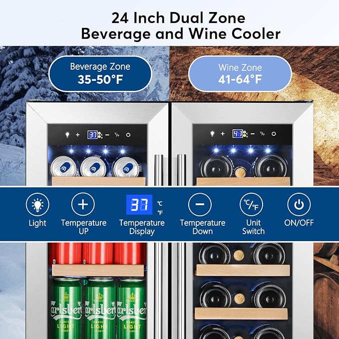 24" Dual Zone Wine and Beverage Cooler Quiet Compressor | Dual zone, quiet <38dB, fast cool, smart touch, temp memory, built-in/free, 20 wine+88 cans - Image 3