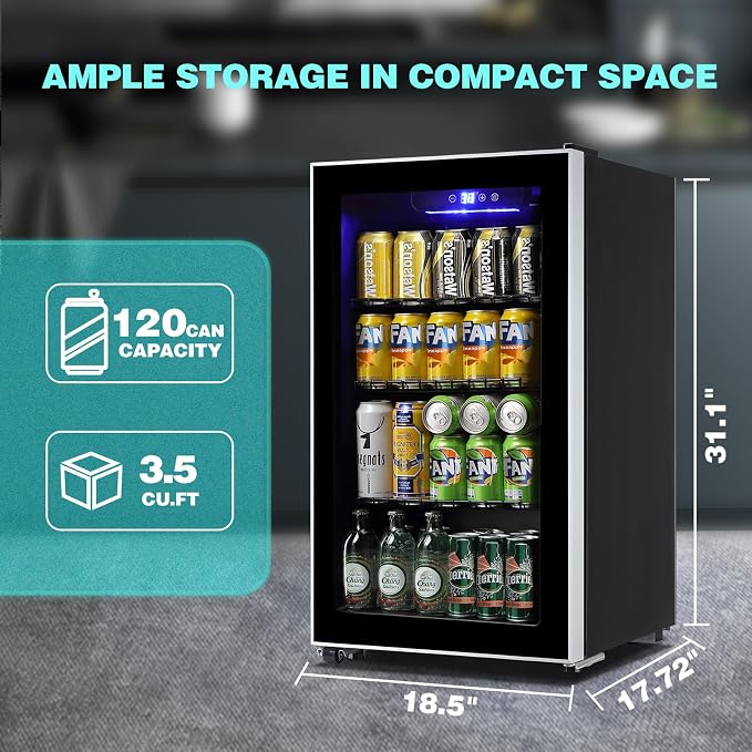 Beverage Refrigerator Cooler 120 Can with LED Display Touch Screen | 3.5 CU.FT Large Capacity with Glass Door, LED Light & Adjustable Shelves for Soda Beer Wine, Perfect for Home Bar Office - Image 2