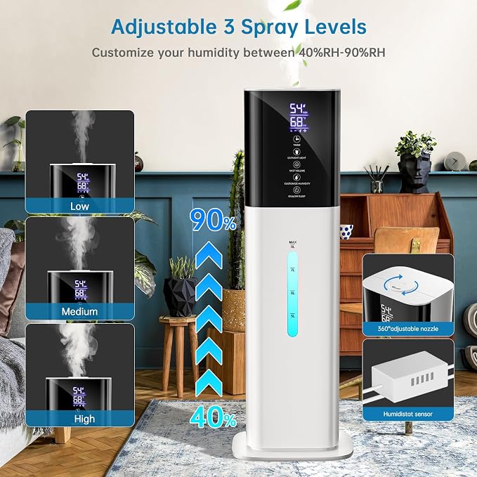 Humidifiers Large Room Bedroom with 7 Colors Light,Honovos 8L 2.1Gal Quiet Ultrasonic Cool Mist Topfill Humidifier with 360° Nozzle 3 Speed Humidistat Essential Oil Tray for Baby Home Plant Yoga Sleep - Image 4