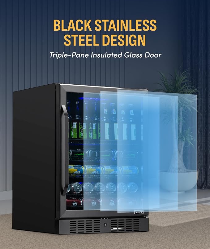 NewAir Beverage Refrigerator with Glass Door | 177 Can Mini Fridge for Bedroom, Dorm, Office, or Gaming Setup | Soda, Beer, and Wine Cooler | Black Stainless Steel - Image 8