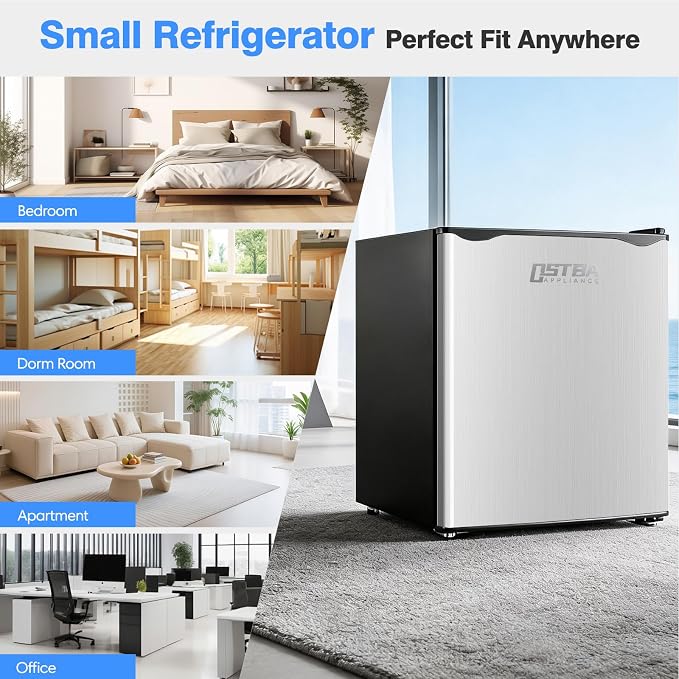 OSTBA 1.7 Cu.ft Mini Fridge with Freezer, Small Refrigerator, Silver | Compact Refrigerator with Adjustable Thermostat, Removable Shelves, Low Noise, Reversible Door for Bedroom Home Dorms Office - Image 8