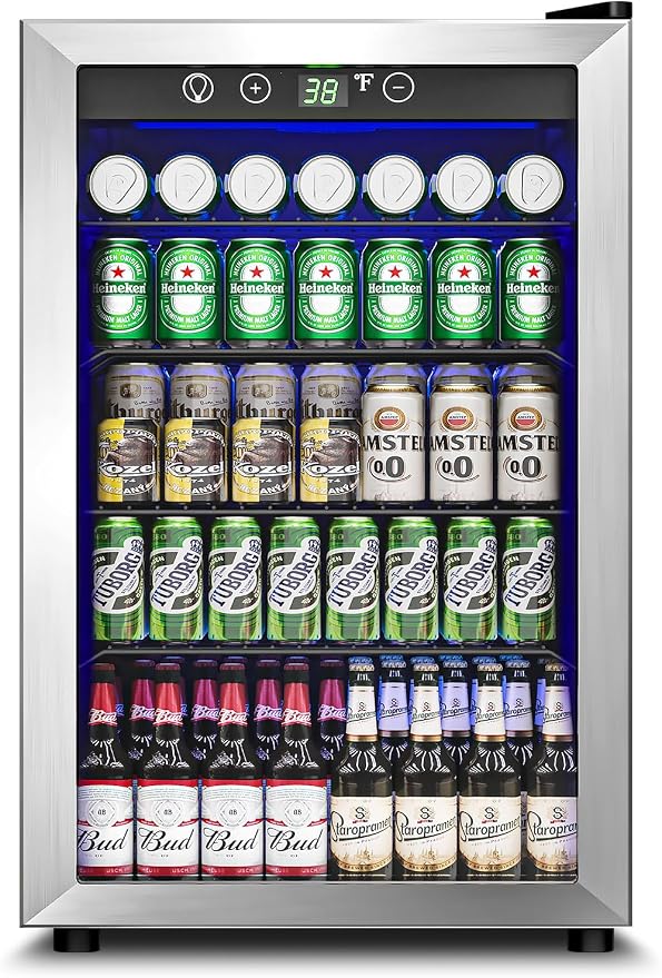 Feelfunn 4.5 Cu.Ft Beverage Refrigerator Cooler - 145 Can Mini Fridge Glass Door for Soda Beer Wine, Small Refrigerator for Bedroom Office Home Bar, 4 Adjustable Shelves, Silver by Feelfunn