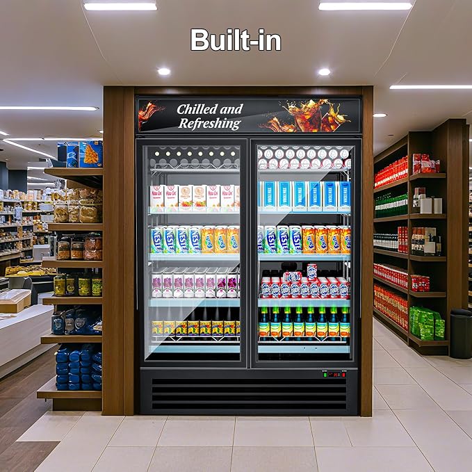 Commercial 2 Glass Door Display Beverage Refrigerator 1370 Can Black | Fast cool, self-closing door, ad board, LED light, for store/office - Image 9