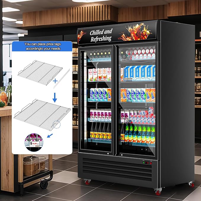 Commercial 2 Glass Door Display Beverage Refrigerator 1370 Can Black | Fast cool, self-closing door, ad board, LED light, for store/office - Image 2