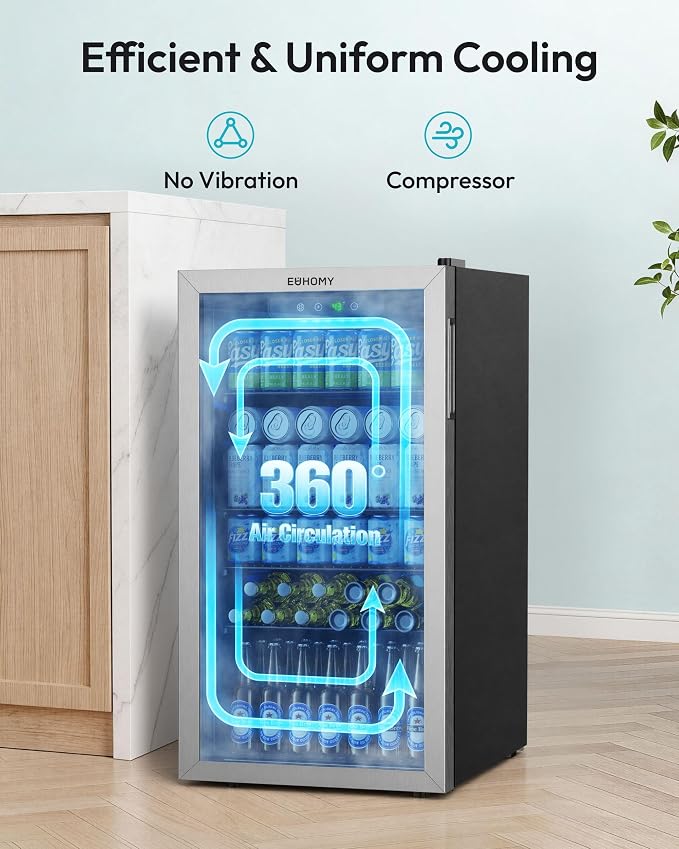 EUHOMY Beverage Refrigerator and Cooler, 128 Can Mini fridge with Glass Door, Small Refrigerator with Removable Shelves for Soda Beer or Wine, Perfect for Home/Bar/Office, Silver - Image 4