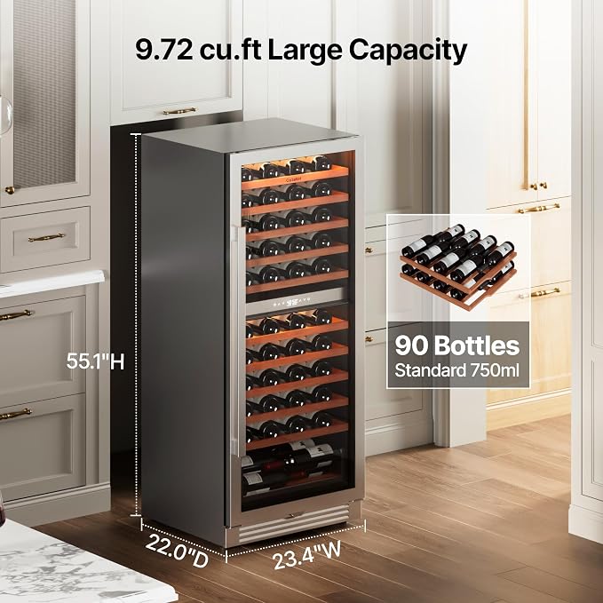 Ca'Lefort 24 Inch Dual Zone Wine Fridge, 90 Bottle Built-In Wine Cooler | 55-Inch Tall Wine Cellar, Quiet Inverter Compressor, Precise 40-65°F Temperature Control, Glide-Out Shelves & Storage Drawer - Image 2