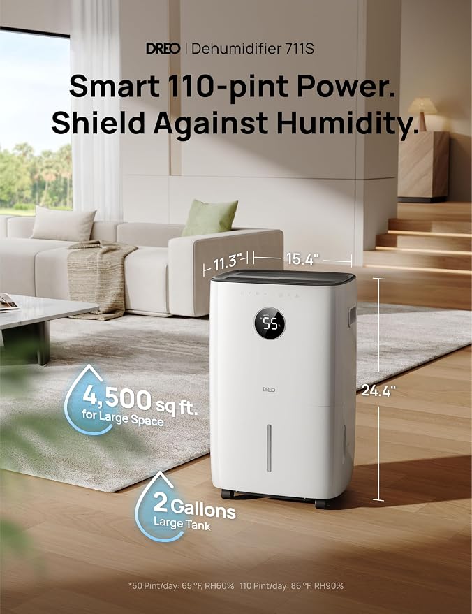 DREO 110-Pint Smart Dehumidifier for Basement, 4500 Ft² for Large Room, 2 Gallon Water Tank, Auto/Comfort/Constant Mode Dehumidifiers for Home, Bedroom, Bathroom, with Drain Hose, Black, 711S - Image 2