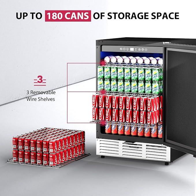 24 Inch Beverage Refrigerator, 180 Cans Undercounter Beverage Fridge with Stainless Steel for Home and Patio Use, Outdoor Refrigerator for Soda, Beer, Wine - Image 2