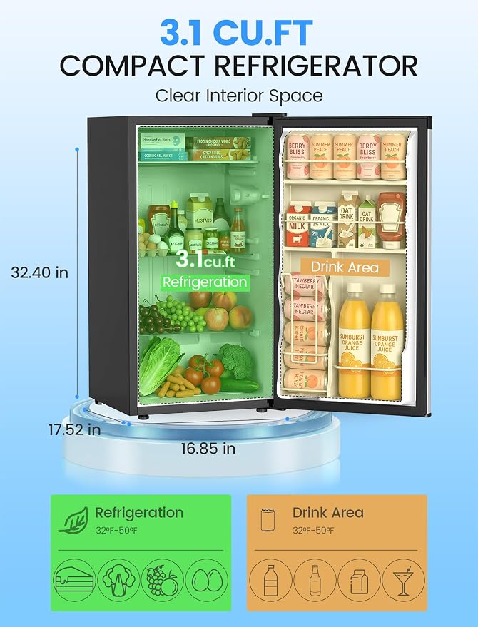 COWSAR 3.1 Cu.ft Mini Dorm Fridge for Bedroom Apartment Office, Silver | Reversible Single Door, Adjustable Thermostat, Energy Saving, Remove Glass Shelves, Compact Small Fridge for College Dorm - Image 2