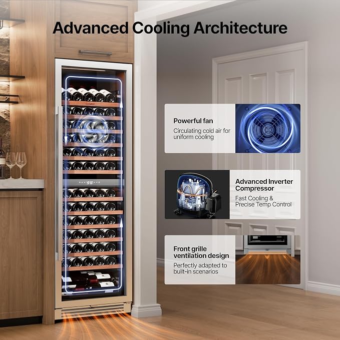 Ca'Lefort 24 Inch Dual Zone Wine Fridge, 155 Bottle Built-In Wine Cooler | 69-Inch Tall Wine Cellar, Quiet Inverter Compressor, 40-65°F Temperature Control, Display Shelf, Glide-Out Shelves & Drawer - Image 6